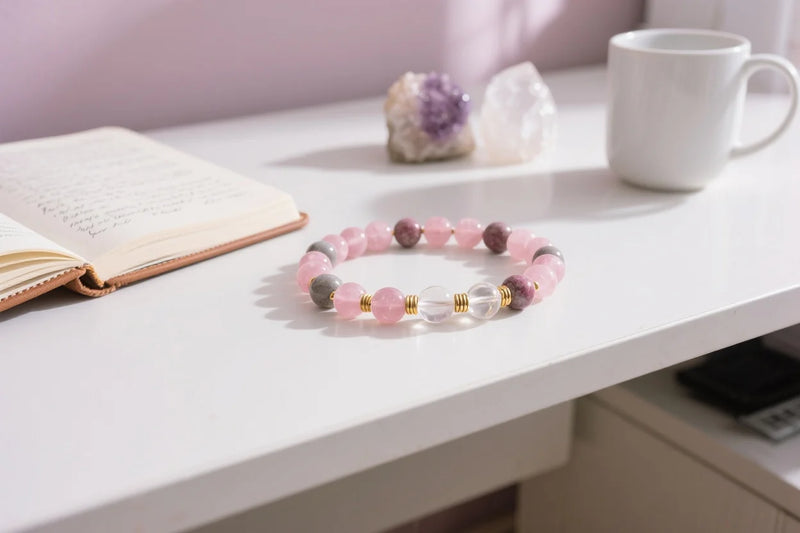 Manilla Cuarzo Rosa, Rodonita y Cuarzo Cristal - Amor y Sanación